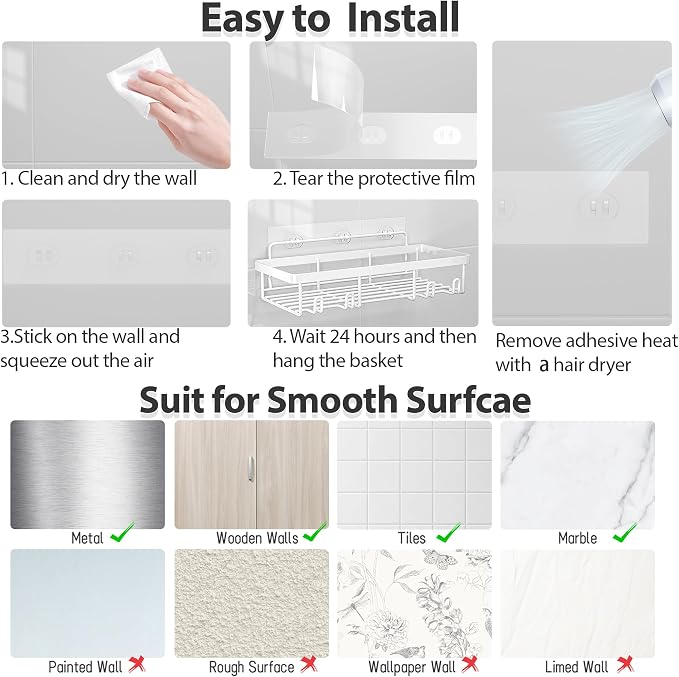 Liuoud 5 Pack Shower Caddy Organizer Rack Shelf for Inside Shower, Self Adhesive Bathroom Wall Storage Basket Rustproof Stainless Steel Large Capacity Shampoo Holder, Grey - Image 7