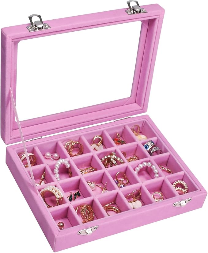 Vicoter Velvet Jewelry Box 24 Grid Jewelry Ring Display Organiser Box Tray Holder Earrings Storage Case for Girls Wife Mom Women (Pink) by Vicoter