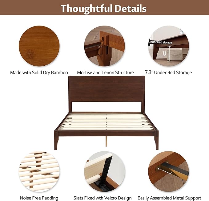 Merax Queen Size Bamboo Platform Bed, Mid-Century Modern Bed Frame with Tall Headboard, Solid Sustainable Bedframe Queen-Size, Wood Slat Support, No Box Spring Needed, Easy Assembly, Espresso