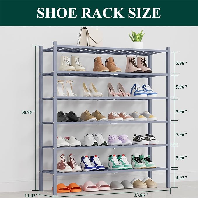 Smiry Shoe Rack, 6 Tier Thick Long Bamboo Shoe Organizer, Stackable Free Standing Wooden Shoe Storage Shelf for Closet, Entryway, Front Door Entrance, Grey - Image 2