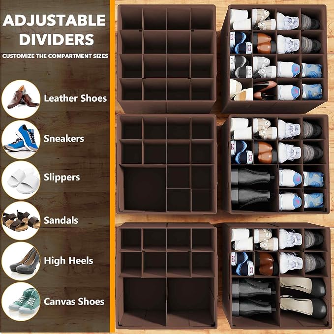 SpaceAid Shoe Organizer for Closet, 2 Pack Foldable Shoe Storage Containers Baskets Boxes Bins w/Adjustable Dividers, Fits 16-32 Pairs, Brown - Image 3