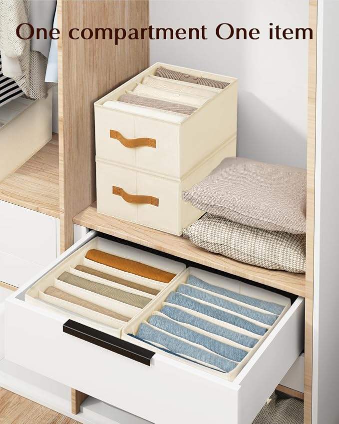 Homsorout Clothes Organizers and Storage - 4/5/7 Grids Fabric Jeans Organizer with Handles, Foldable Closet Organizers Dividers, Wardrobe organizer for Pant, Sweater, T-shirt, Scarf, 3 Pack, Beige - Image 4