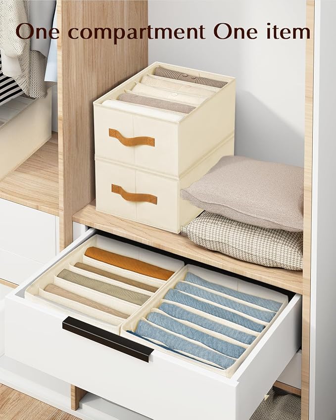 Homsorout Clothes Organizers and Storage - 4/5/7 Grids Fabric Jeans Organizer with Handles, Foldable Closet Organizers Dividers, Wardrobe organizer for Pant, Sweater, T-shirt, Scarf, 6 Pack, Beige - Image 4