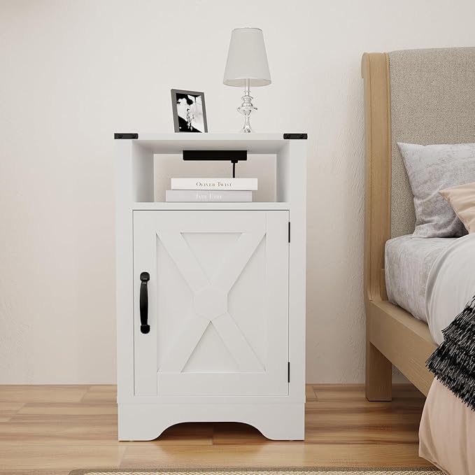 RoyalCraft 25" Tall Nightstand with Charging Station, Farmhouse Night Stand, White End Table with Storage, Large Wooden Rustic Bedside Table for Bedroom, White