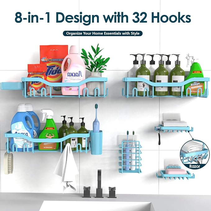 NESOMI Shower Caddy Adhesive Shower Organizer 8-Pack, Rustproof Stainless Steel Bathroom Shelves, Large Capacity No-Drill Rack Storage Accessories with Soap Dish Toothbrush Holder Hooks - Image 7