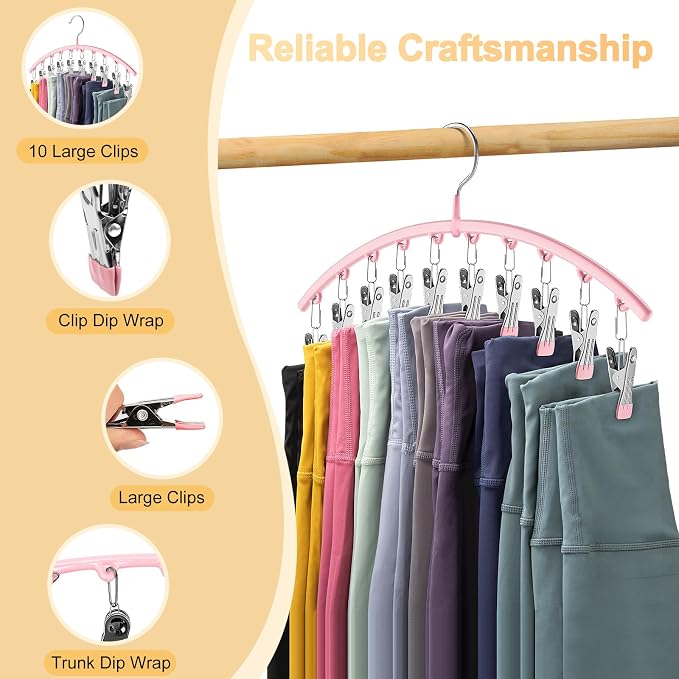 Legging Organizer for Closet, Metal Yoga Pants Hangers 4 Pack w/10 Clips Holds 40 Leggings, Space Saving Hanging Closet Organizer w/Rubber Coated Closet Organizers and Storage, Pink - Image 8