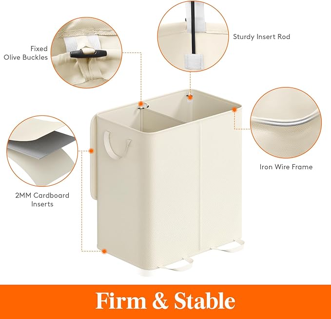 Lifewit Double Laundry Hamper with Lid and Removable Laundry Bags, Large Collapsible 2 Dividers Dirty Clothes Basket with Handles for Bedroom Laundry Room Closet Bathroom College, 136L Ivory White - Image 2