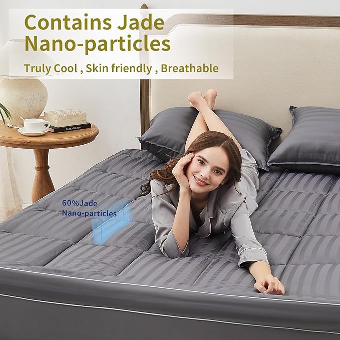 TopTopper Mattress Topper Queen, Extra Thick Cooling Mattress Pad Cover for Back Pain, Breathable Mattress with 8-21" Deep Pocket, 5D Snow Down Alternative Overfilled Plush Pillow 60"x80" Dark Grey