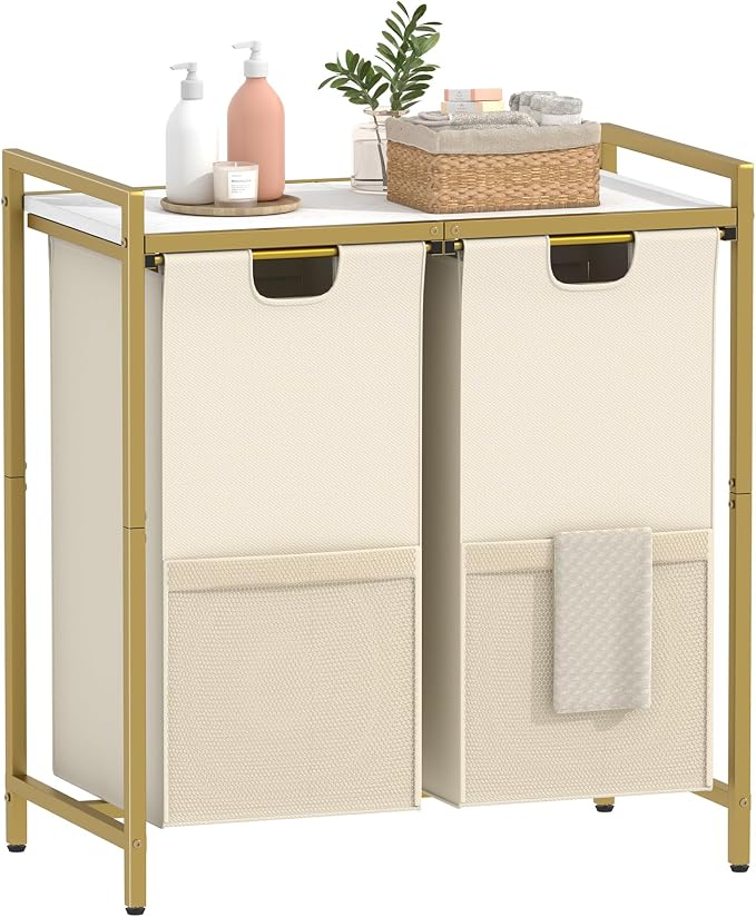 Huhote Laundry Hamper, double Laundry Basket, Laundry Sorter with Top Shelf & 2 Removable Washable Bags & Side Pockets for Laundry Room organization, Bathroom and Dorm, Gold and White - Image 9