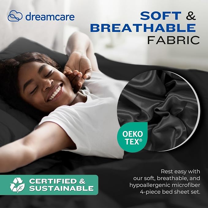 DREAMCARE Twin XL Sheet Sets - 4 pcs Breathable Cooling Bed Sheets - up to 15" Deep Pocket Twin XL Sheets Set with Side Pockets - Extra Soft 100% Brushed Hypoallergenic Hotel Luxury Bedding - Black