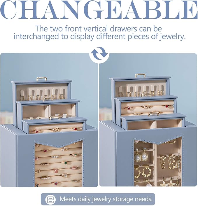 Homde Jewelry Organizer with Transparent Window Necklace Hooks Gift for Women Jewelry Box Display Case for Necklaces Rings Earrings Bracelets and Other Accessories (Grey Blue) - Image 3