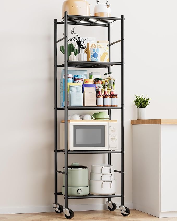 Sakugi Storage Shelves Organizer - 5 Tier Metal Shelf Organizer with Metal Wheels and Adjustable Leveling Feet, Heavy Duty Garage Shelving for Kitchen, Pantry and Closet, 18.1"x12.6"x58.7", Black - Image 2