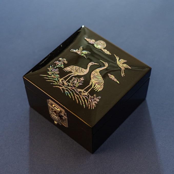 February Mountain Mother of Pearl Mini Jewelry Box - Organizer for Earring Necklace Ring & Bracelet Jewelry Display Storage Case for Woman Unique Gifts (Crane_Black) - Image 3