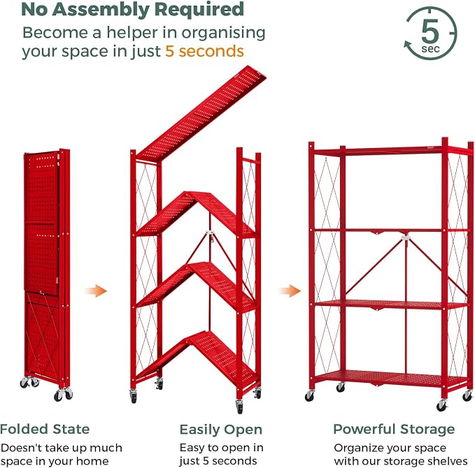 DEANIC 4 Tier Foldable Storage Shelves with Wheels, Large Capacity Shelving Unit, Freestanding Metal Wire Shelf Rack, No Assembly Organizer Rack for Garage Kitchen, Basement, Pantry(Red Pack of 2) - Image 4