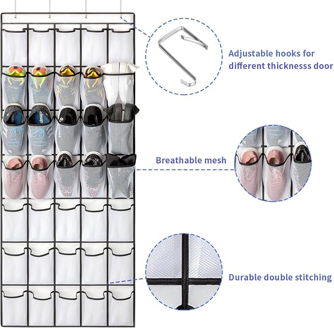 SAVERHO 35 Pockets Over the Door Shoe Organizer, Hanging Shoe Organizer for Door with 35 Mesh Pockets Large Capacity Shoe Hanging Storage Bag with 4 Metal Hooks (White-1Pack) - Image 2