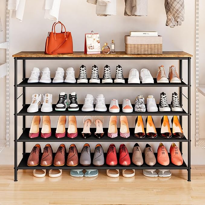 INGIORDAR Shoe Rack Organizer 5 Tier Metal Organizer Shelf with Industrial MDF Board and Layer Fabric for Entryway Closet Bedroom Living Room Garage (Black+Rustic Brown, 5 Tier(47.2" W)) - Image 2
