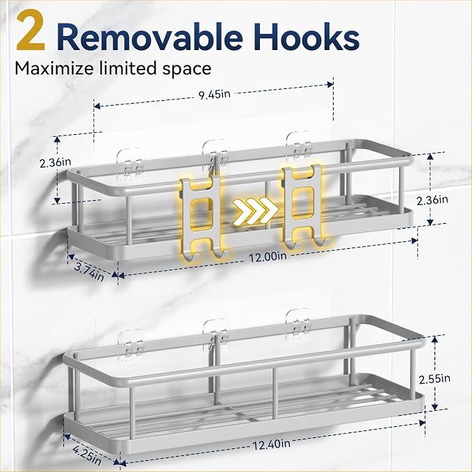 YASONIC Shower Caddy Adhesive, No Drill Bathroom Shower Organizers, with Removable Hooks, Rust Proof Shower Shelves, Wall-Mounted Shower Holder, Grey, 2 Pack - Image 6