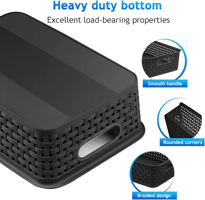 FUCDTEFC Black Plastic Basket, 8 Pack Home Organization and Storage Baskets with Handles, Space Saving Woven Organizer Bins Plastic Storage Basket for Organizing Cabinets,Closets, Shelves, Countertops - Image 2