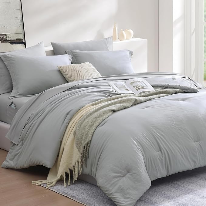 WRENSONGE Light Grey King Comforter Set, 7 Pieces Soft Microfiber King Size Comforter with Fitted Sheet, Flat Sheet, 2 Pillow Shams, and 2 Pillowcases- Warm King Bedding Set for All Season