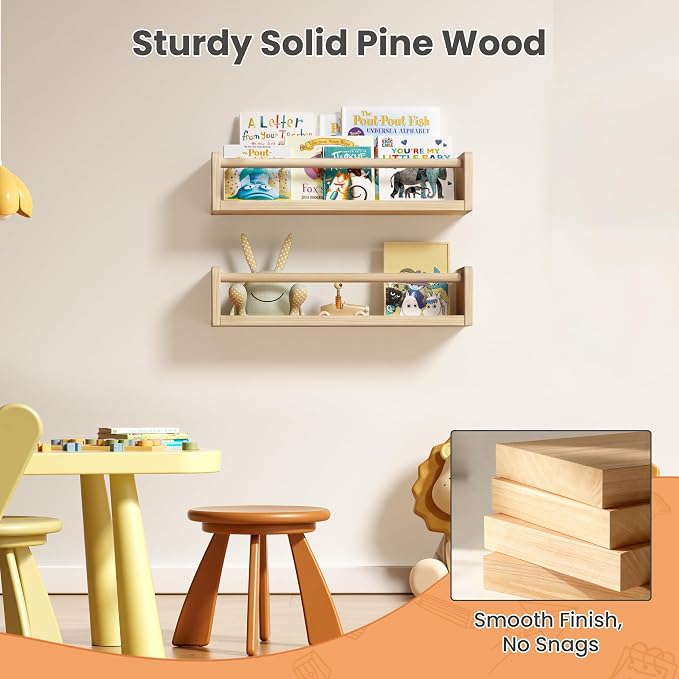 upsimples 2 Pack Nursery Book Shelves, 15.7 Inch Floating Bookshelves for Wall, Baby Nursery Decor, Small Solid Wood Wall Mounted Shelves for Baby Kids Boys Girls, Natural - Image 5