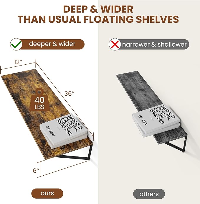 Heimlove Deep Floating Shelves for Wall, 36W x 12D Wood Wall Shelves Set of 2, Wide Floating Bookshelf for Living Room, Kitchen, Office, Bedroom and Decor Storage, with Metal Bracket - Rustic Brown - Image 3