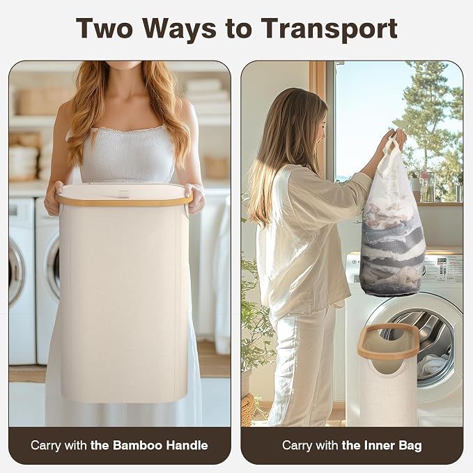 Slim Laundry Hamper with Lid, 60L Small Laundry Basket with Handles&Removable Bag, Thin Dirty Clothes Hampers for Laundry, Narrow Laundry Hampers for Bedroom Aesthetic, Beige - Image 3