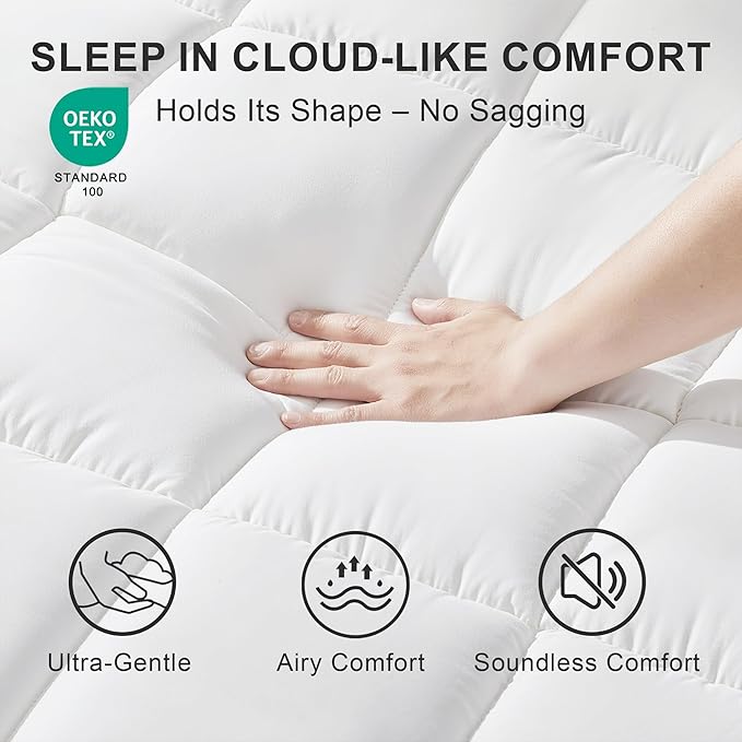 Quilted Mattress Pad Pillow Top Mattress Cover Protector Cooling Soft for Breathable Padded Deep Pocket 8-21 Fitted Supportive(White,Queen Size)
