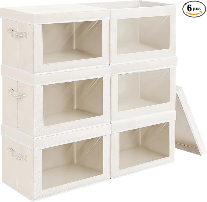 Homsorout Large Storage Bins with Lids - Fabric Storage Cubes with Window, Collapsible Bins for Clothes, 15.7 Inch Large Baskets for Bedroom, Dorm, Office, Beige, 6 Pack by Homsorout