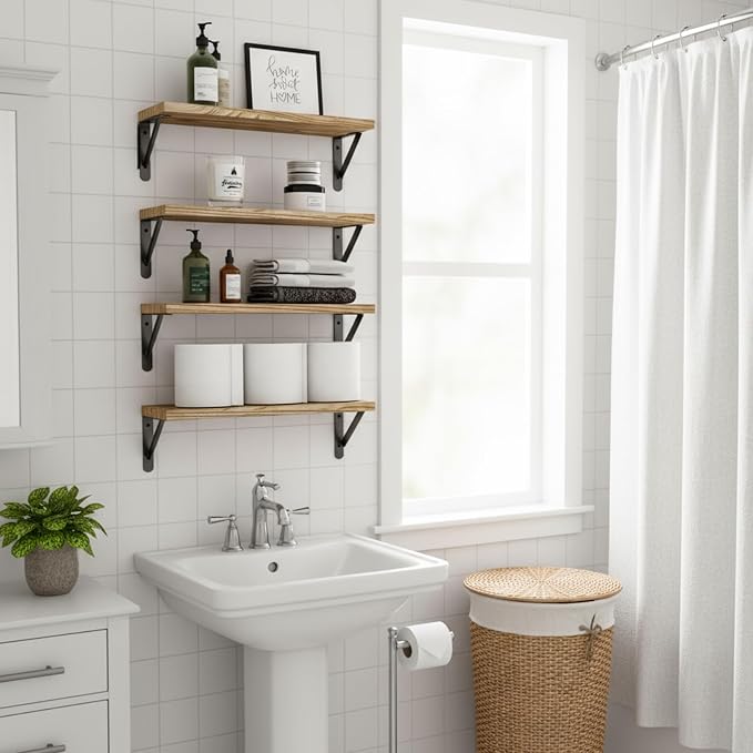 Fixwal Floating Shelves for Wall, Wood Wall Mounted Shelves for Bedroom, Bathroom, Living Room, Kitchen Storage and Decor(Rustic Brown, Set of 4, 16.5 Inch) - Image 6