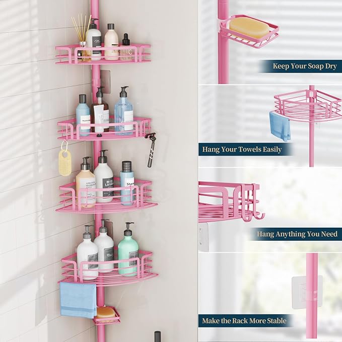 Consumest Corner Shower Caddy Tension Pole - Rustproof Shower Shelves with Towel Bar & Soap Holder, Adjustable Bath Organizer for Bathroom Storage, 27.6-108.3 inch, Pink - Image 4