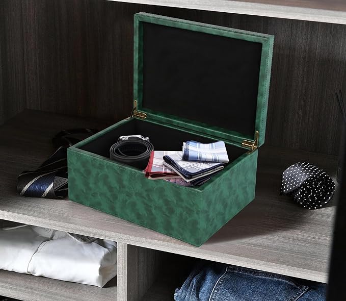 HofferRuffer Faux Leather Decorative Box, Large Wooden Structure Keepsake Box Accessory Organizer Jewelry Organizer with Hinged Lid, Storage Container for Home or Office (Dark Green) - Image 5