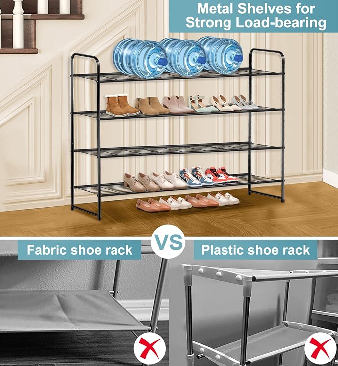 AOODA 4 Tier Long Metal Shoe Rack for Closet Wide Stackable Shoe Storage Organizer for Entryway, Bedroom, Floor, Holds 30 Pairs Men Sneakers Large Boot Shelf with Wire Grid, Black - Image 4