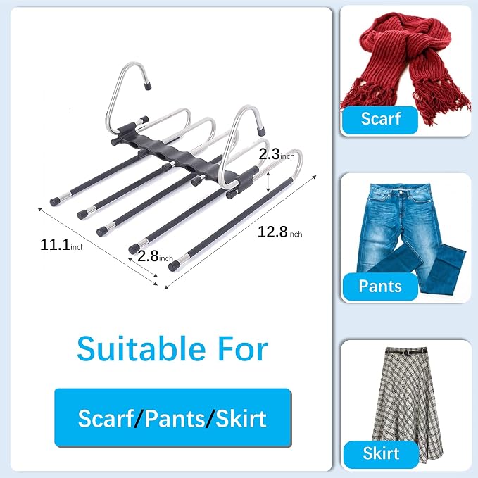 Magic Pants Hangers Space Saving - 2 Pack for Closet Multiple Layers Multifunctional Uses Rack Organizer for Trousers Scarves Slack (2 Pack with 10 Metal Clips) - Image 6