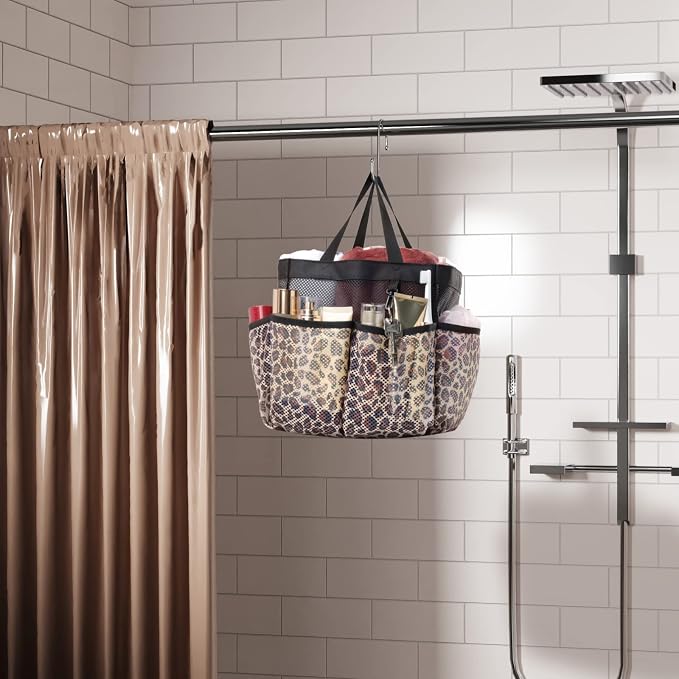 F-color Shower Caddy Portable - Mesh Shower Bag Basket Tote for College Dorm Room Essentials Bathroom Gym Camp Quick Dry for Women Men with S Hook, Leopard - Image 6