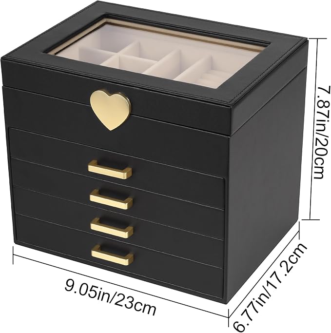 Kendal Jewelry Box, 5-Layer Jewelry Organizer Box with Glass Lid, Black, Heart Shaped PU Leather, Storage Box for Necklace Earrings Rings Bracelets, Gift Idea for Girls LJC4DRBK - Image 3