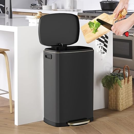 ELPHECO Kitchen Trash Can with Lid Soft Close, 13 Gallon / 50L Stainless Steel Pedal Garbage Can, Heavy-Duty Fingerprint Proof Step Wastebasket with 20 Bags, Removable Bucket, Home Office, Matte Black - Image 3