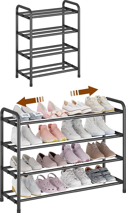 KANAV 4-Tier Expandable Shoe Rack – Adjustable Shoe Organizer & Shoe Storage for Closet, Entryway, and Front Door – Space-Saving Shoe Shelf and Rack Organizer for Home - Black by Shoeracks
