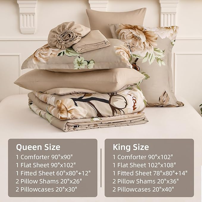 Drucon Floral Comforter Set King Size 7 Pieces Bed in a Bag, Khaki Floral Bedding Set, Soft Microfiber Comforter and Sheet Set for All Season (King, 104"x90")