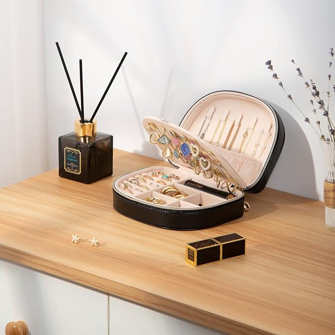 ProCase Travel Size Jewelry Box, Medium Portable Seashell-Shaped Jewelry Case, 2 Layer Jewelry Organizer in PU Leather for Women -Black - Image 2