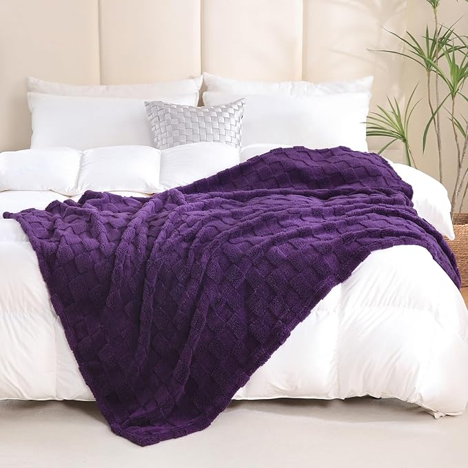 Deep Purple Fleece Throw Blanket 90”×90” for Couch Sofa Bed,Super Soft Cozy Plush Microfiber Flannel Blanket with 3D Checkered Design Lightweight for Adults,Woman,Girls