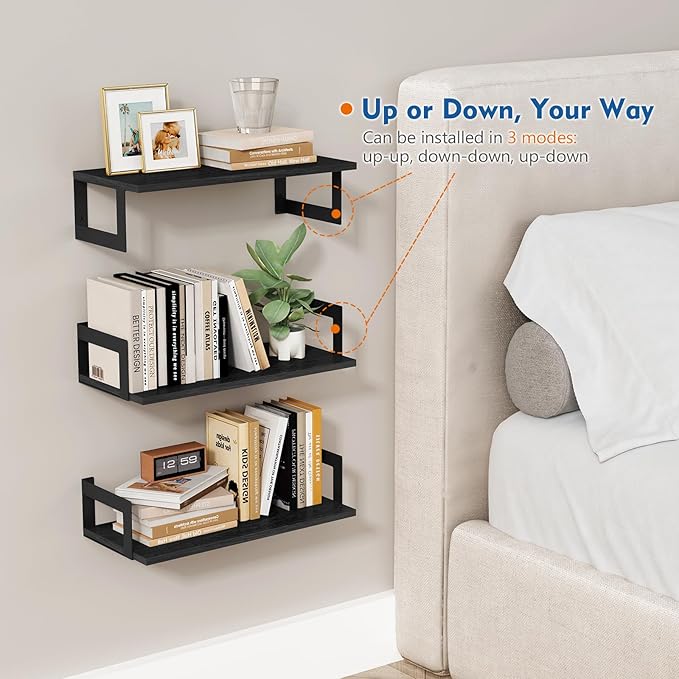 Harwaya Wall Mounted Bookshelf, Floating Bookshelves for Bedroom, 17 Inches Long Wall Mount Book Shelves for Living Room Office Books, Black Wall Book Holder Bookcase (Set of 3) - Image 6