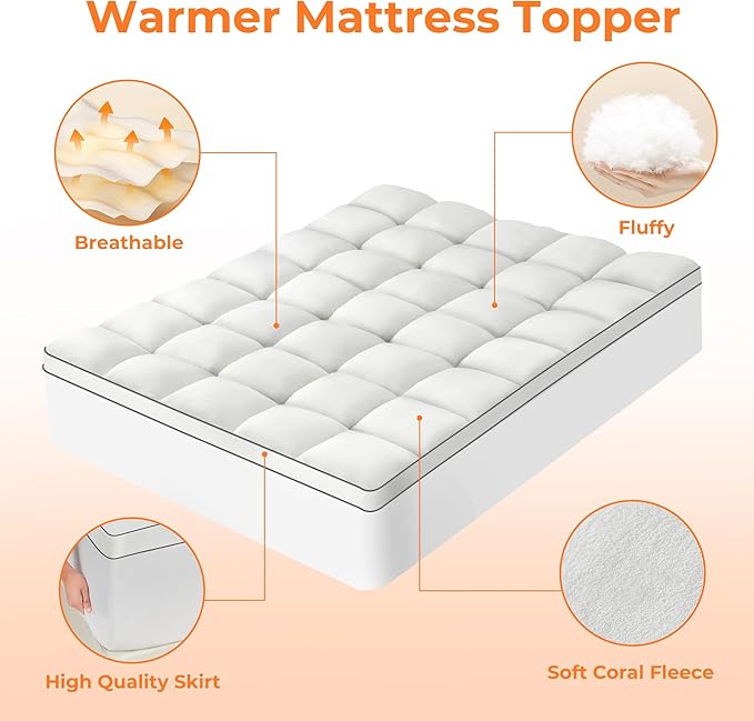 Ultra Soft Coral Fleece Queen Size Mattress Topper, No Compression Plush Thick Pillow Top Mattress Pad with Deep Pocket, Winter Warm Cozy Bed Topper Cover for Back Pain Relief