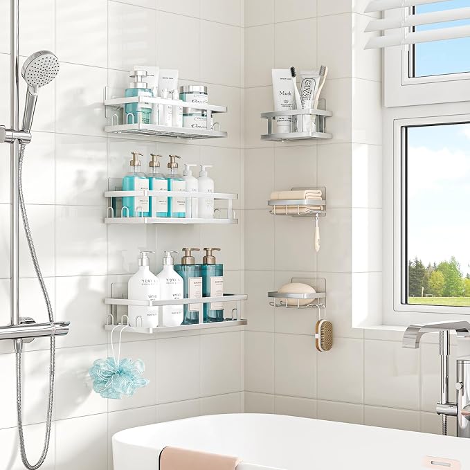 Youvip Shower Caddy 6 Pack, Adhesive Shower Shelves with Soap Holder, No Drilling Rustproof Large Capacity Bathroom Organizers and Storage, Silver - Image 2