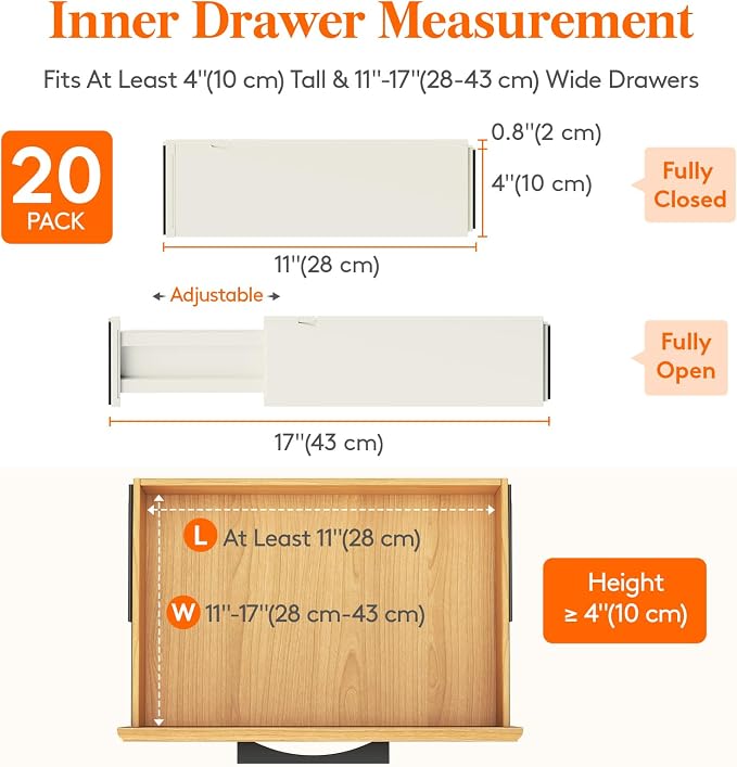 Lifewit 20 Pack Drawer Dividers 4" High 28-43.5cm/11-17" Adjustable Drawer Organizer for Clothes/Utensils, Expandable Drawer Separator in Dresser/Kitchen/Bedroom/Office Organization & Storage Beige - Image 2