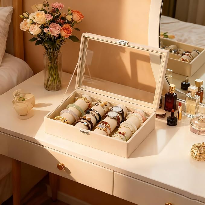 Bracelets Organizer Rods Bangles Display Holder, Clear See through Lid Leather Velvet Jewelry Storage Box Case for Women, 4 Rods Apricot Leather - Image 5