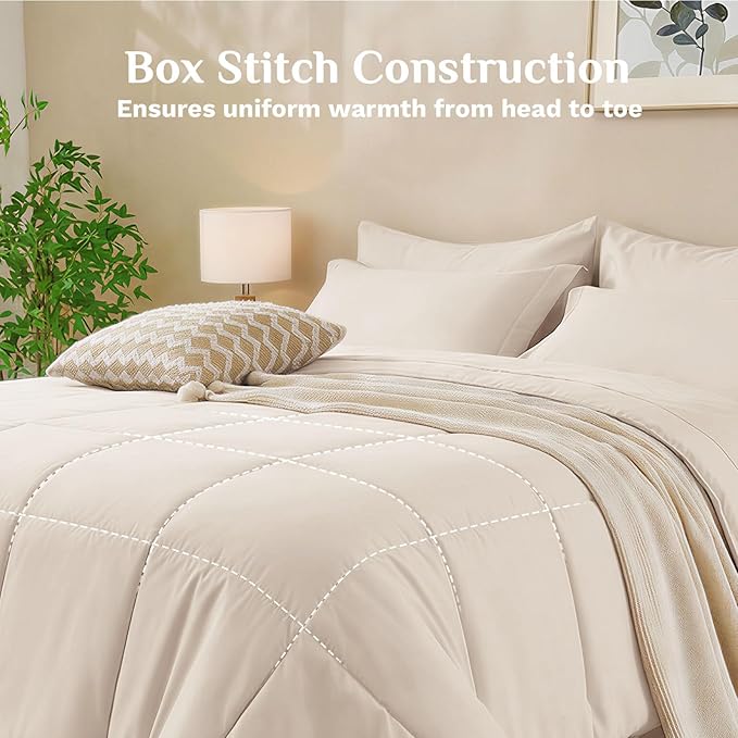 JOLLYVOGUE Queen Comforter Set, Ultra-Soft Bed in a Bag Queen Size 7 Pieces, Oeko-TEX Certified Bedding Set with Down Alternative Comforter, Sheets, Pillowcases & Shams, Beige