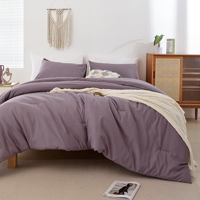ROSGONIA Comforter Full Size for Boys Teen Girls Dusty Purple, 3pcs(1 Boho Comforter & 2 Pillowcases) Lightweight Dorm Bedding Soft All Season Bed Set