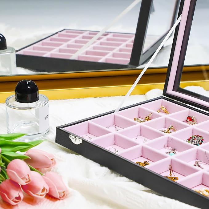 Stratalife Earring Organizer Velvet Jewelry Organizer Box Jewelry Display Storage Tray Ring Case with Clasp for Women 24 Grid (Pink Black) - Image 4