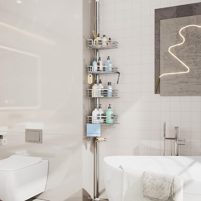 Consumest Corner Shower Caddy Tension Pole - Rustproof Shower Shelves with Towel Bar & Soap Holder, Adjustable Bath Organizer for Bathroom Storage, 27.6-108.3 inch, Silver - Image 7