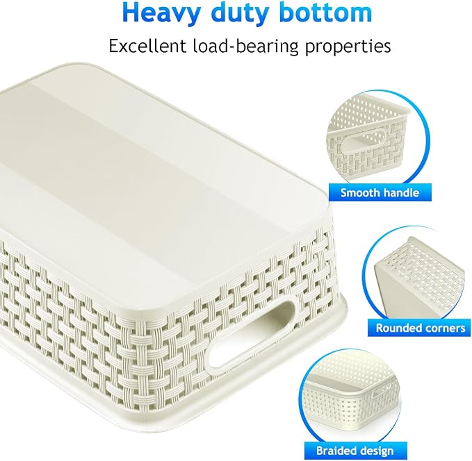 FUCDTEFC White Plastic Basket, 8 Pack Home Organization and Storage Baskets with Handles, Space Saving Woven Organizer Bins Plastic Storage Basket for Organizing Cabinets,Closets, Shelves, Countertops - Image 2
